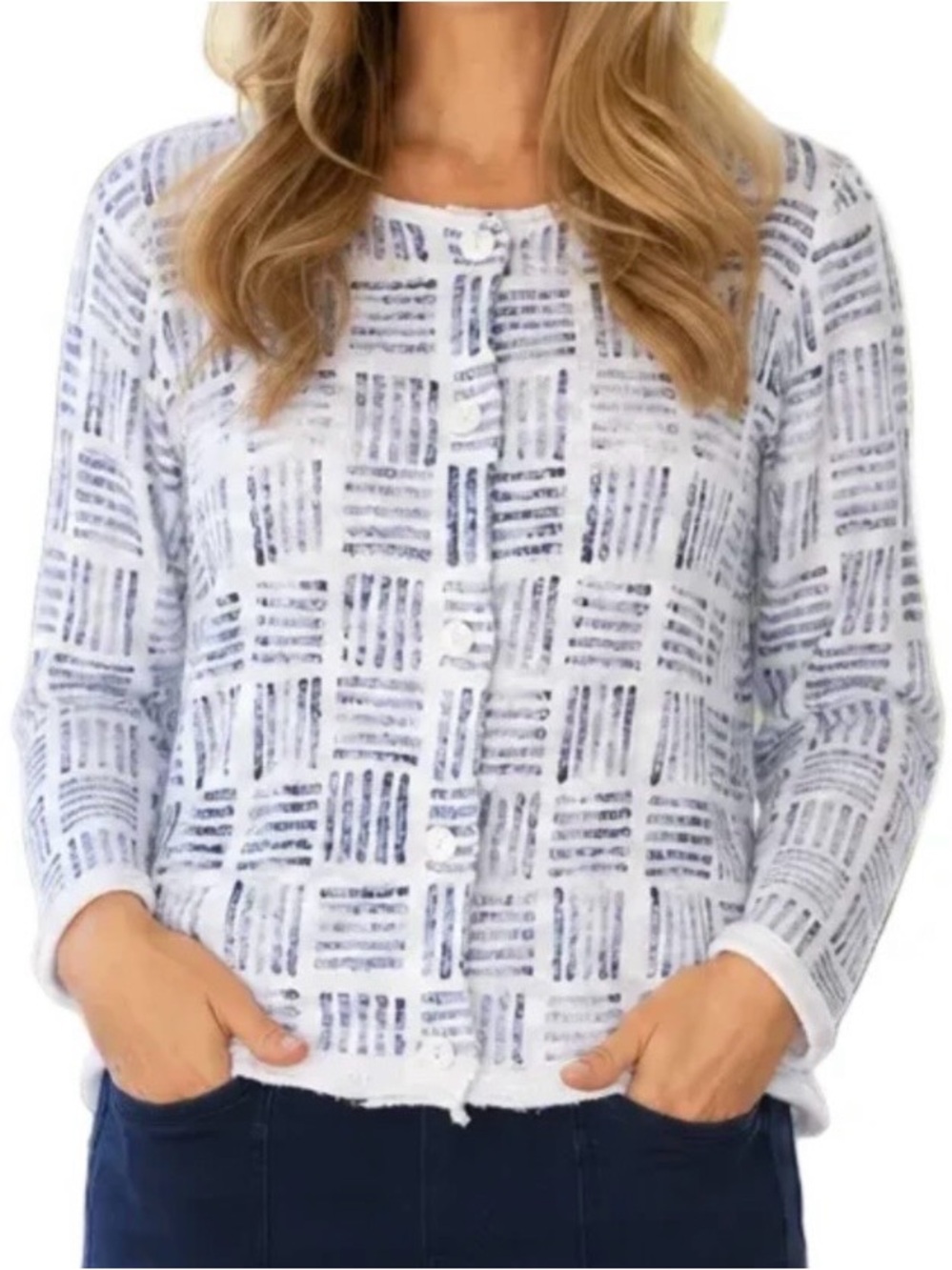 Habitat Soft White & Blue Print Cardigan Sweater - XL